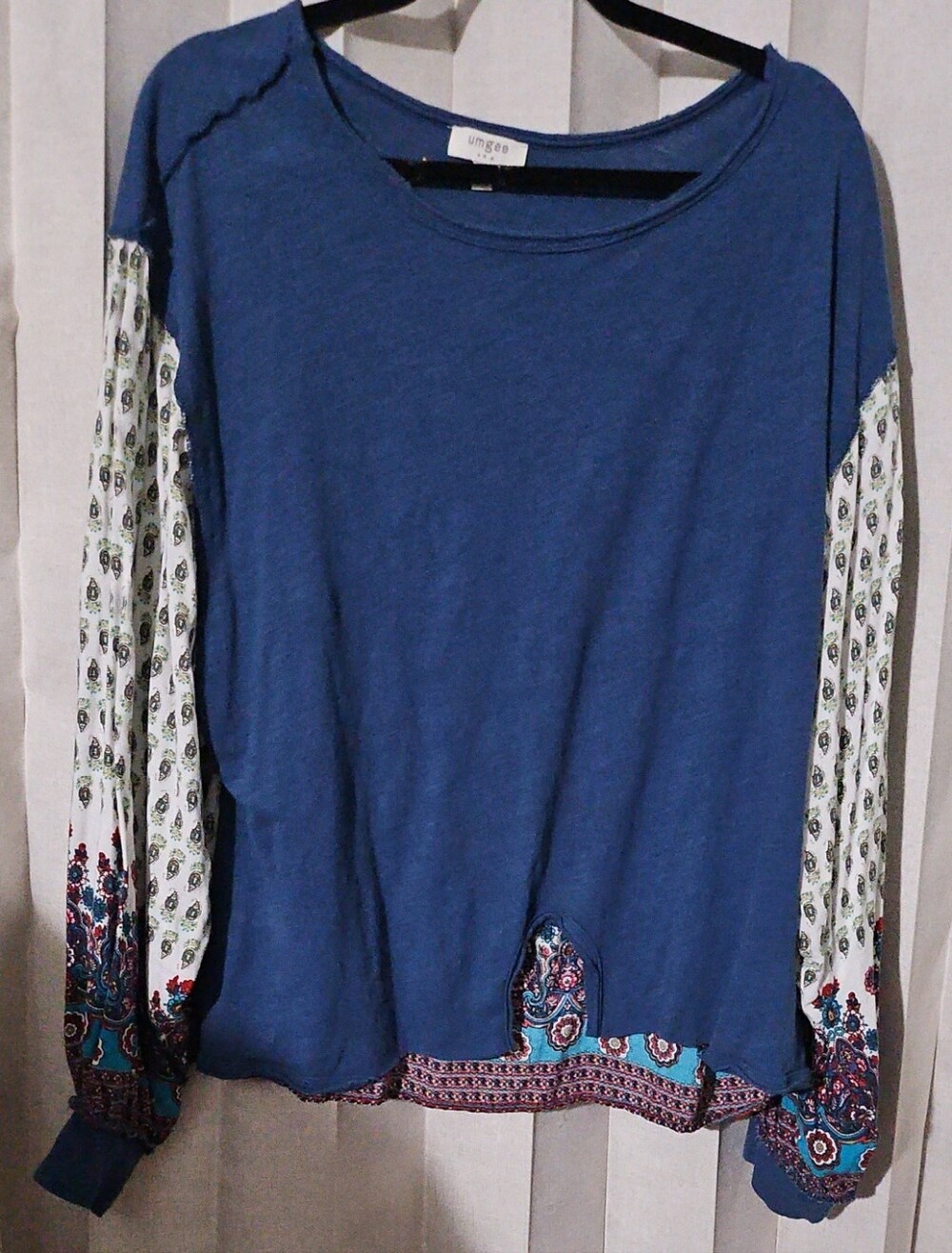 Umgee Royal Blue Boho Pullover with Printed Puff Sleeves